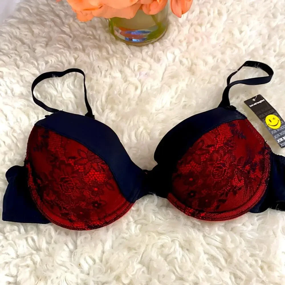 NWT Women's Juniors Joe Boxer Black Red Lace Bra Plunge 36B Straps